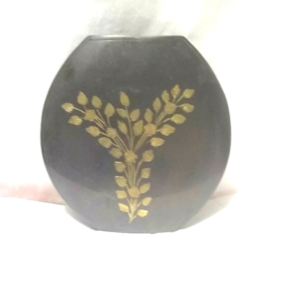 Vintage Etched Brass Floral Vase Sculpture/tree of Life  VTGE Vase Solid Brass Black Lacquer Covered W/Brass Etched Tree Shape Leaves 1\